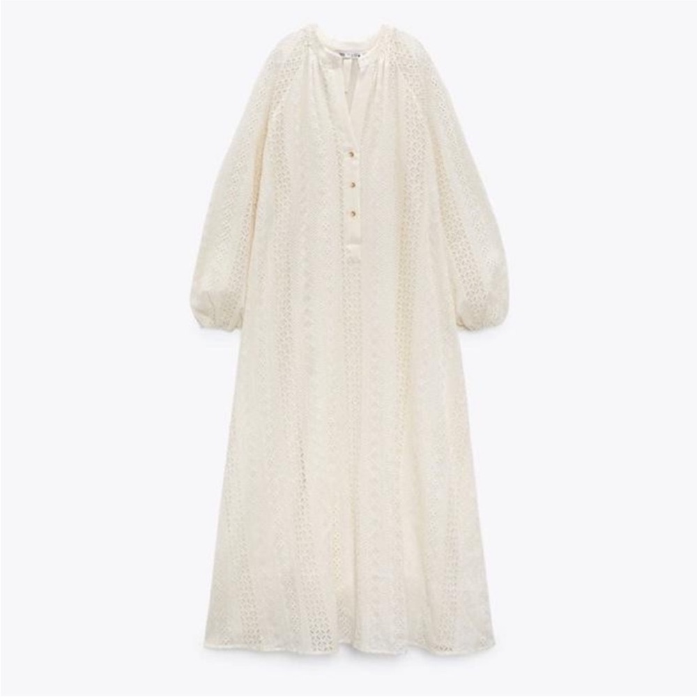 Zara White Lace Cutwork Embroidered Midi Dress